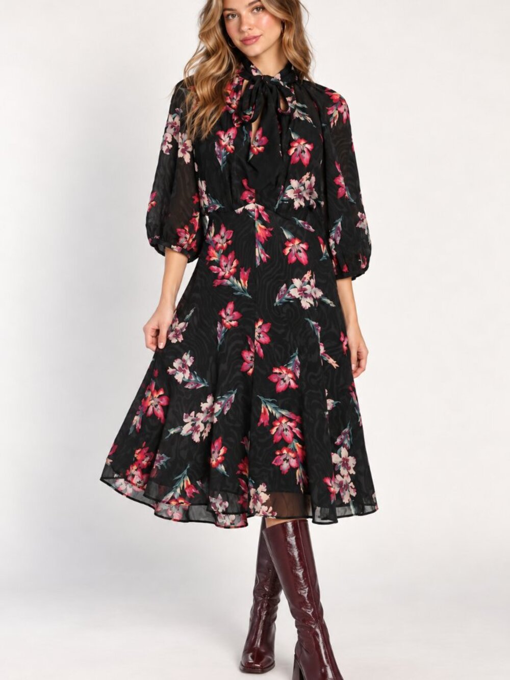 Rebecca Taylor Noha Silk Floral Midi Dress 6 Medium Black Tie Neck Puff Sleeve